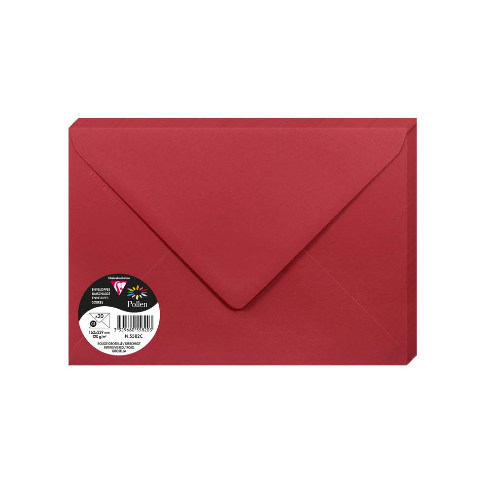 Clairefontaine 5582C Pack of 20 Gummed Envelopes C5 16,2x22,9cm 120gsm Intensive Red Invitation Events Correspondence Pollen Range Premium Smooth Paper