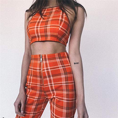 loukou Women Casual Halter Sleeveless Plaid Tops High Waist Zip Pants Set Pantsuits Orange