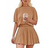 Jenisso Womens 2 Piece Outfits 2026 Short Sleeve Crewneck Knit Tops And Pleated Mini Skirt Two Piece Sets