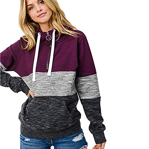 Women Hoodies Stripe Long Sleeve Cowl Neck Drawstring Pullover Sweatshirts Tops Wine