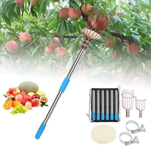 Photo 1 of Omninmo Fruit Picker Pole with Basket, 3-8FT Telescoping Adjustable Tool Stainless Steel Handle for High-Altitude Apples Avocado Acorn Lemon Pear Mango Tree Harvesting