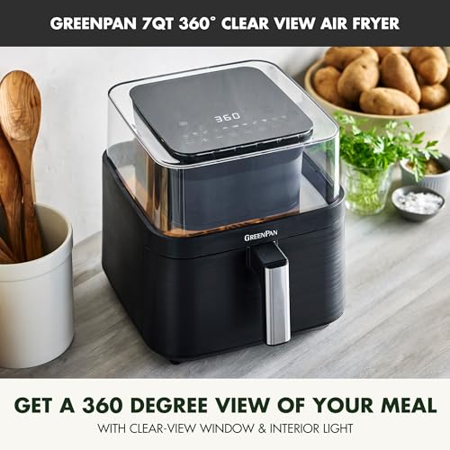 GreenPan Clearview freidora de aire extra grande de 7 cuartos, ventana transparente de 360°, cajón y bandeja antiadherentes de cerámica sin PFAS, calor a 400 °F, 13 preajustes, recordatorio de batido, mantener caliente, inicio retardado, piezas aptas para lavavajillas