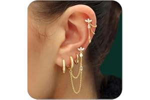 SHINEROSE 6PCS Earring Stacks Cartilage Chain Helix Piercing Sets For Women Flat Back Multiple Piercing Dangle Huggie Hoop Stackable Jewelry