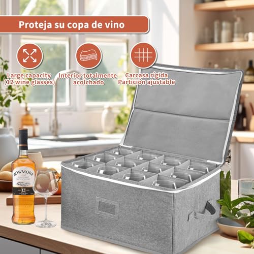 BOHEMIABY Wine Glass Holder Moving Boxes, Stackable Wine Glass Holder with Partition, Stackable Glass Holder for 12 Wine Glasses, Champagne Flutes, Hard Shell with Window for Labels