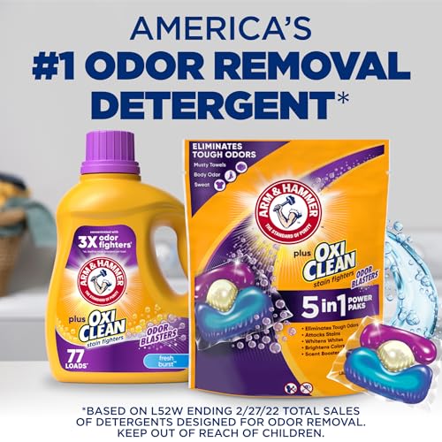 ARM & HAMMER PLUS OXICLEAN WITH ODOR BLASTERS CONCENTRATED LAUNDRY DETERGENT, 5-IN-1 LAUNDRY STAIN REMOVER, FRESH BURST DETERGENT POWER PAKS, 42 COUNT BAG