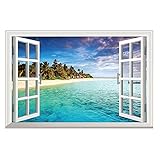 Winhappyhome Blue Sea Sky Beach Scene 3D Fake Window Wall Stickers for Bedroom Living Room Coffee Shop Background Removable Decor Art Decals