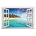 Winhappyhome Blue Sea Sky Beach Scene 3D Fake Window Wall Stickers for Bedroom Living Room Coffee Shop Background Removable Decor Art Decals