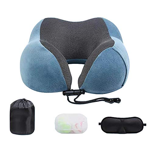 Aisprts Travel Pillow, 100 Percent Pure Memory Foam Neck Pillow, Comfortable & Breathable Cover, Machine Washable, Super Soft (Blue)
