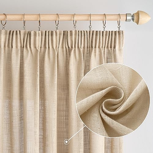 Woaboy Linen Curtains with Frunction Tape Curtains Bedroom Window Translucent Modern Curtains for Living Room Bedroom 2 Pieces 140 x 245 cm Beige