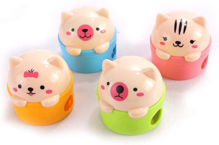 BinaryABC Cartoon Pencil Sharpeners, Cat and Bear Two-Holes Pencil Sharpeners,8Pcs(Random Color)