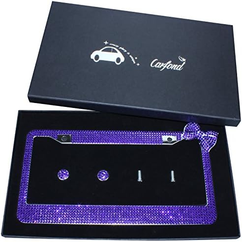 TASIRO 7 Row Pure Handmade Bling Bling Rhinestones Stainless Steel Metal License Plate Frame With Bow Bonus 2 Matching Screws&Caps (Dark purple/Darkpurple bowknot)