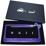 TASIRO 7 Row Pure Handmade Bling Bling Rhinestones Stainless Steel Metal License Plate Frame With Bow Bonus 2 Matching Screws&Caps (Dark purple/Darkpurple bowknot)