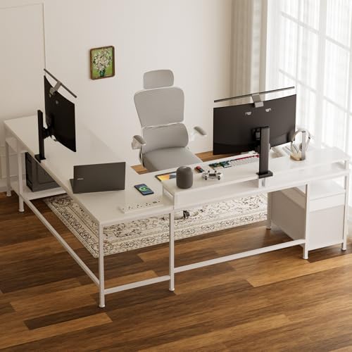 STAR BURN 66" Grande Escritorio en L de con Toma de Corriente,Escritorio Reversible para Computadora con Cajón para Archivos y 2 Soportes para Monitor,Escritorio para Oficina con Estantes Blanco