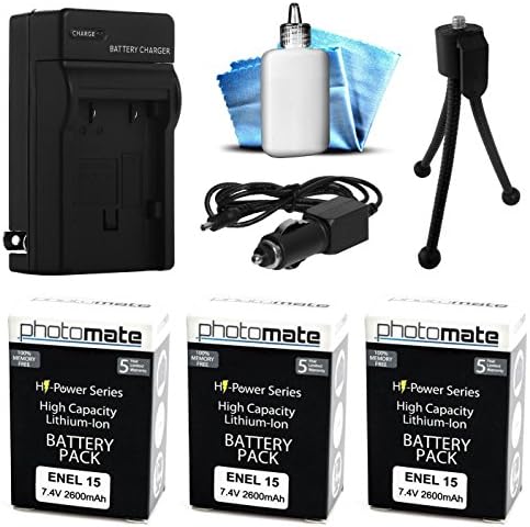 (3 Pack) PhotoMate EN-EL15 EL15 Ultra High Capacity Rechargeable Battery (2600mAh) + Rapid Home AC Wall Charger + Car Adapter + Euro Plug + Cleaning Kit + Mini Tripod for Nikon D600, D610, D750, D800, D800E, D810, D7000, D7100, 1 V1, 1V1 DSLR Digital Camera