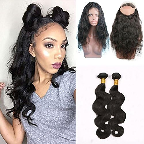 Shengji Hair Pre Plucked 360 Lace Front Closure with Bundles for Black Women Brazilian Virgin Hair Body Wave Lace Frontal with Bady Hair (12 inch with 14 14 Bundles)
