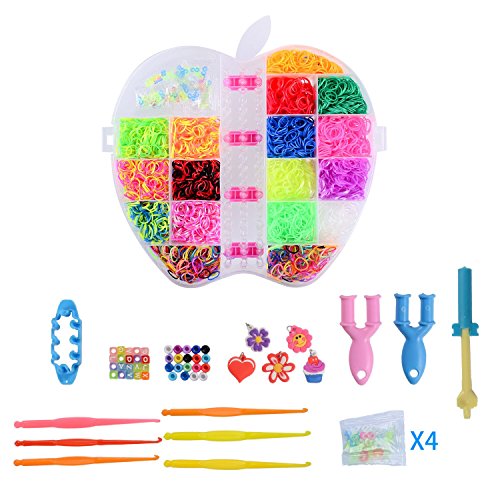 Rainbow Loom Kit,4000 Rubber Bands,17 Colors,48 S-clips,20 Color beads,20 Transparent Beads, 1 Big Hook,6 Small Hook,6 Charms,1 Loom,2 Y-Shape Mini Looms,Loom Bands with Apple Compartment