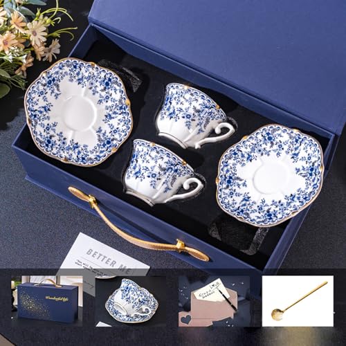 250ml Tea Cup and Saucer Set, 8oz Floral Blue Porcelain Coffee Cups for Tea, Cappuccino, Latte, Elegant Vintage Bone China Tea Set, Gift Box