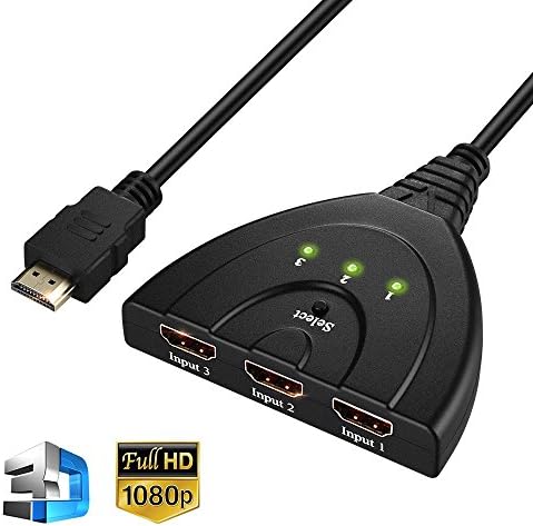 Yantop 3-Port HDMI Switch Splitter, Support 3D &amp; Full HD 1080P, 3 Input 1 Output HDMI Switcher with Pigtail Cable (19.7 Inch) and Auto Switch, for HDTV, PS3, Xbox One, 360, Bluray Player, DVD Player