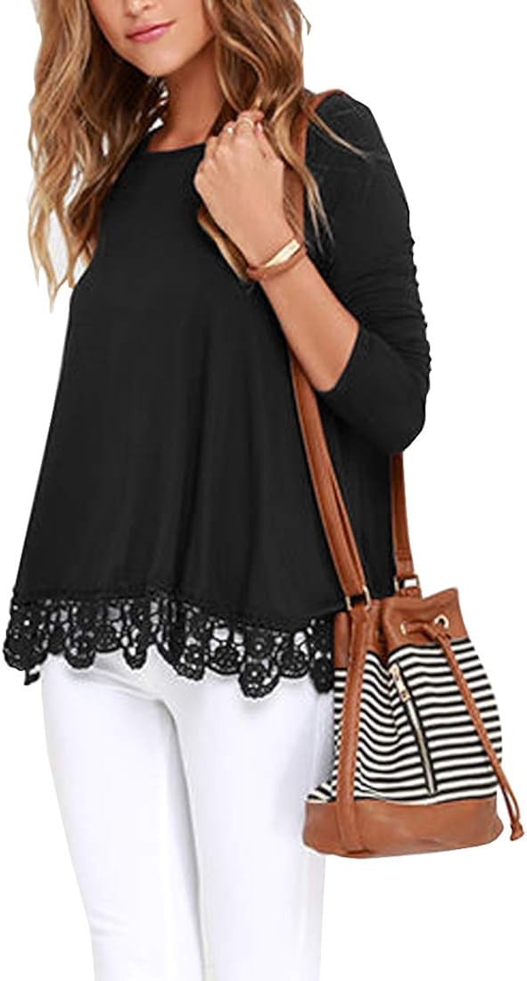 QIXING Women's Tops Short Sleeve/Long Sleeve Lace Trim O-Neck A Line Tunic Blouse at  Women’s Clothing store
