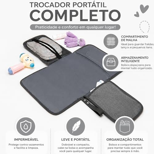 Trocador de Fraldas Portátil Premium Trocador Portátil para Meninas e Meninos Recém-nascidos de Bebê com bolso – Porta Fraldas Kit de Troca de Viagem à Prova d'água Textil (Azul)