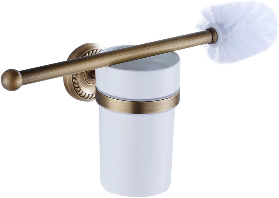 WOMAO Toilet Brushes and Holders Sets Antique Brass Wall Mounted Silicone Toilet Brush with Holder Ceramic Retro Vintage Bathroom Cleaning Brush Set