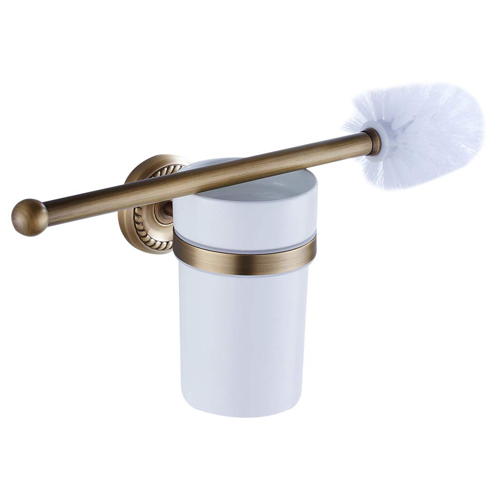 WOMAO Toilet Brushes and Holders Sets Antique Brass Wall Mounted Silicone Toilet Brush with Holder Ceramic Retro Vintage Bathroom Cleaning Brush Set