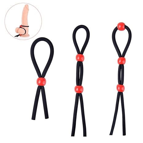 Utimi Einstellbare Silikon Cockring Penisringe Set Love Bänder Schwarze String mit roten Kugeln für härtere Erektion, 3 Stück