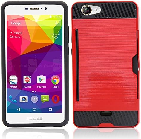BLU Life XL (L050U) Case, Telegaming Brushed Metal Texture Hybrid Dual Layer Shockproof Hard Bumper Case With Card Slot Holder Pocket Cover For BLU Life XL (L050U) Red