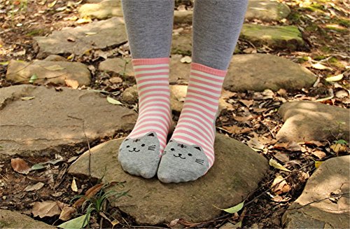 AnVei-Nao Womens Girls Stripe Cute Cat Cotton Soft Pattern Crew Socks 6 Pairs 3D