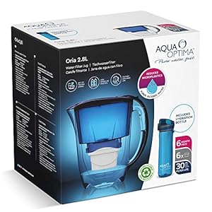 Aqua Optima Optima Oria Drinkfles, blauw, met 6 maanden filterpatronen, 2,8 liter inhoud, smalle koelkast, met 5-traps…