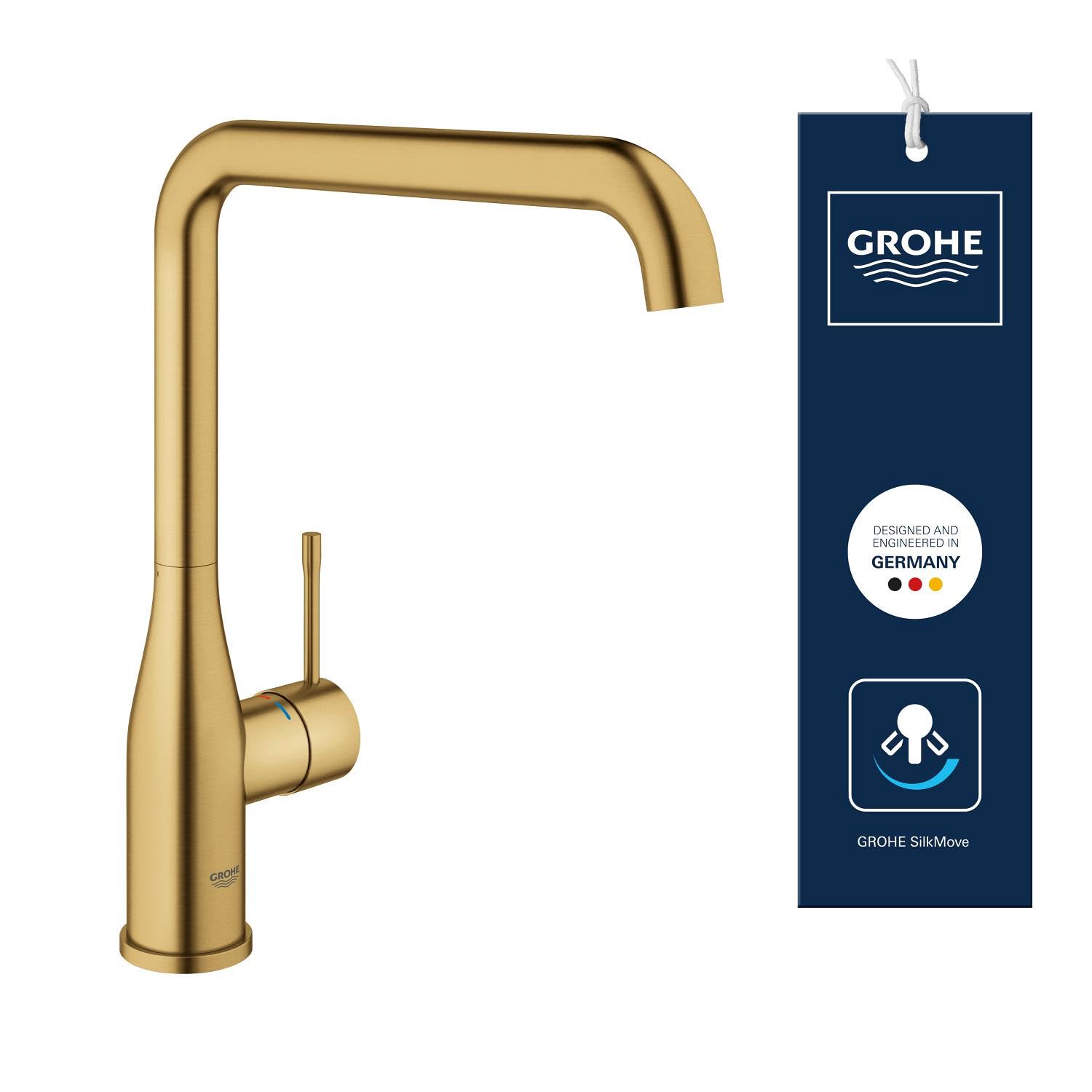 GROHE Essence Kitchen Mixer Tap (High L-Spout 300 mm, 28 mm Ceramic Cartridge, Adjustable Swivel Area 360°, 3/8 Inch Tails), Brushed Gold, 30269GN0