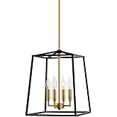 Kira Home Bellevue 16" 4-Light Modern Farmhouse Lantern Pendant Light, Adjustable Foyer Chandelier, Warm Brass Accents + Blac