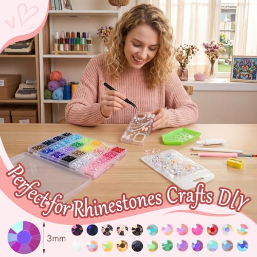 30000Pcs Bedazzling Kit with Glue, 3MM Flatback Rhinestones for Bedazzling with 1 Pack 3D Butterfly Nail Diamonds, Pearls Jewels, Tweezer and Pen, Pencil Sharpener for DIY Crafts