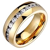 8MM Comfort Fit Titanium Wedding Band Gold-Plated Engagement Ring with Channel Set Round CZ Size 8-14 SPJ
