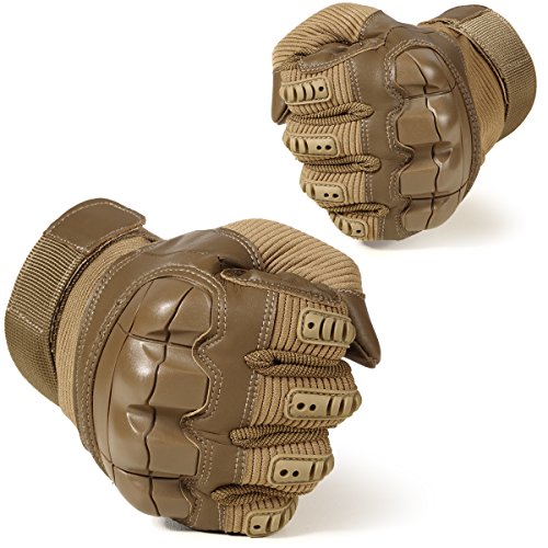 JIUSY Army Military Tactical Touch Screen Rubber Hard Knuckle Full Finger Gloves for Combat Motorcycle Motorbike Hunting Hiking Airsoft Paintball Riding Size Brown Small