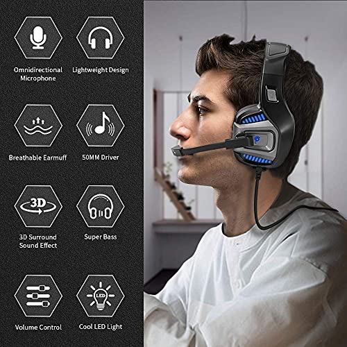 PunnkFunnk Gaming Headphone with Microphones, Xbox One Headset with 7.1 Surround Sound, LED Light PS4 Headset with Mic, Noise Cancelling Gaming Headset PC Over-Ear Headphones (S01)