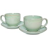 Bosmarlin Ceramic Cappuccino Cup and Saucer Set of 2, 10 Oz, Coffee Cups for Latte, Espresso, Tea, Dishwasher and Microwave Safe, Reavtive Glaze (Green)