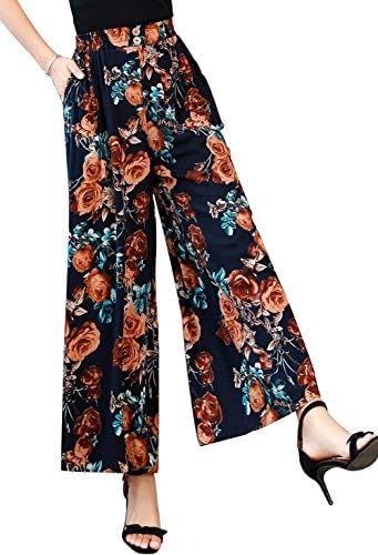 PGCTE Women’s Casual Elastic Waist Trousers Comfy Wide Leg Pants Floral Culottes with Pockets