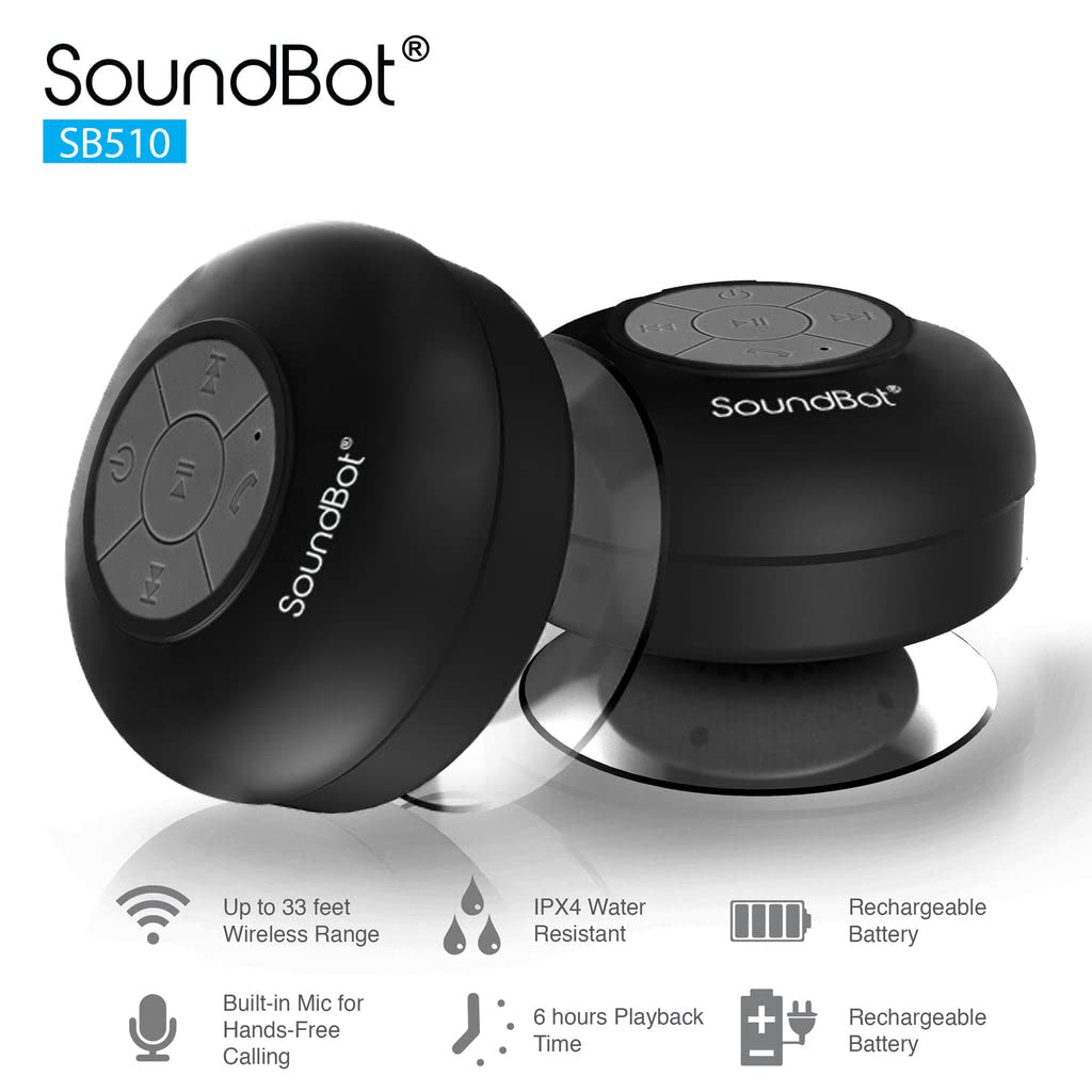 Soundbot SB510 HD Waterproof Bluetooth Shower Wireless Speaker with Speakerphone, Mic, 6-Hour Playtime, Control Buttons & Suction Cup, Powerful Sound Ideal for Bathroom, Travel, or Outdoors (Black)