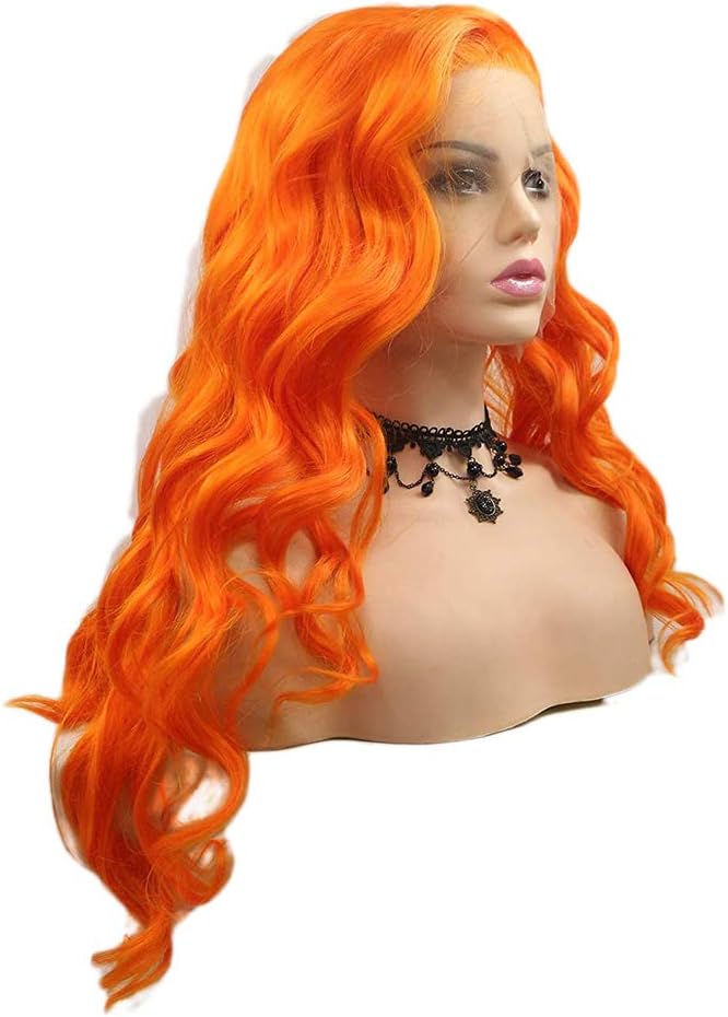 Orange Synthetic Lace Front Wig Long Curly Heat Resistant Wigs for Women Loose Wave Light Ginger Real Hair Glueless Lace Wig Drag Queen Cosplay Daily Wear Ladies Wigs Soft 24inch - Image 4