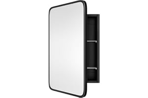 AGDULL Vintage-Style Bathroom Wood Black Cabinet with 16.5''x24'' Black Metal Frame Curved Mirror, Recessed Medicine Cabinet, Bathroom Storage Cabinet