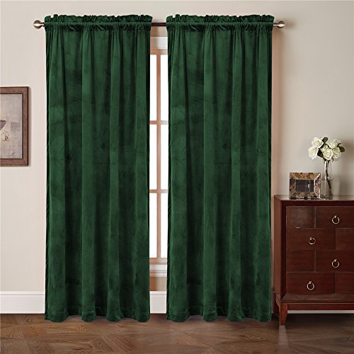ComforHome Solid Soft Velvet Window Curtain Rod Pocket Drapes (52 inch by 95 inch (2 Panels), Dark Green)