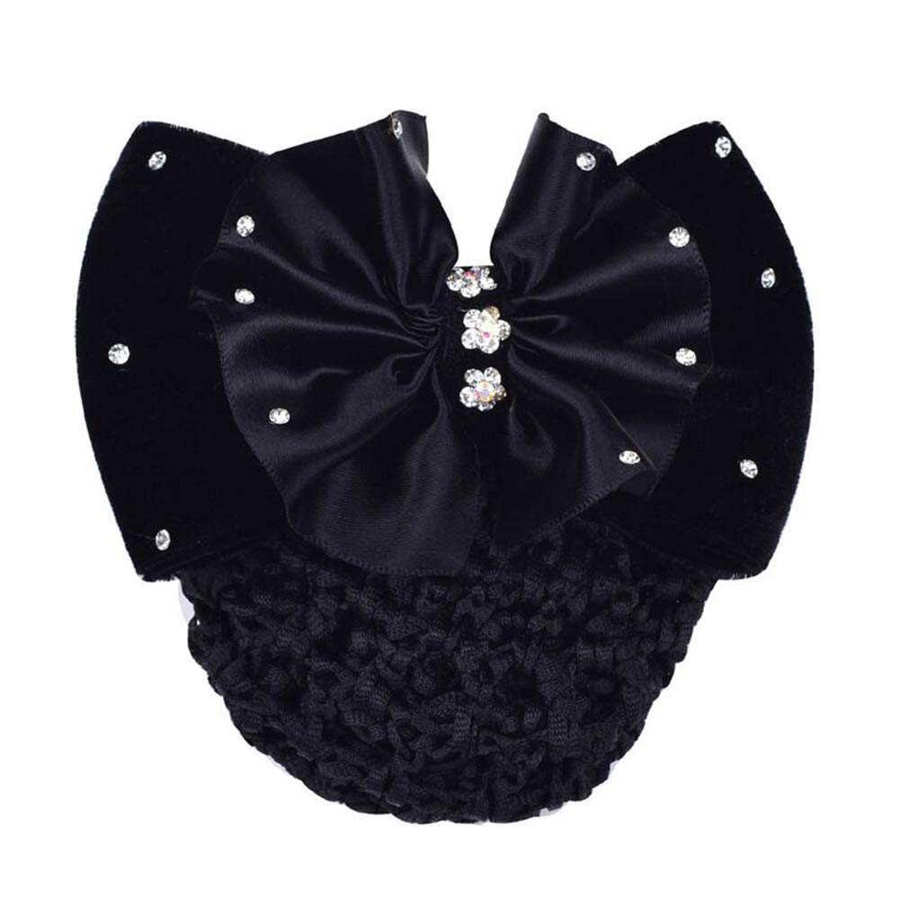 VASANA Women Lady Girls Professional Bowknot Decor Snood Net Rhinestone Barrette Hair Clip Elastic Hair Cover Bun Hairnet Hair Accessories for Nurse Bank Worker Air Hostess Quick Style (Black)