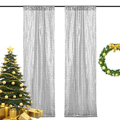 BEDDEB Silver Sequin Backdrop Curtain, 2PCS 2FTx8FT