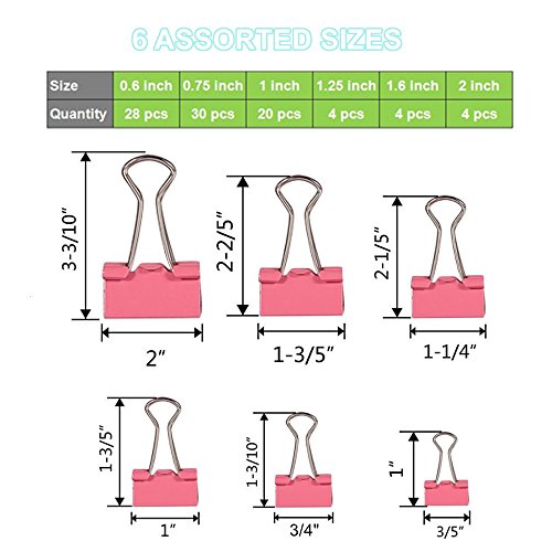 Binder Clips 90PCS Colored 6 Assorted Sizes Large Medium Small, OUHL Colorful Paper Clamps Foldback Clips for Office Schools Kitchen Home Usage (Multicolor)