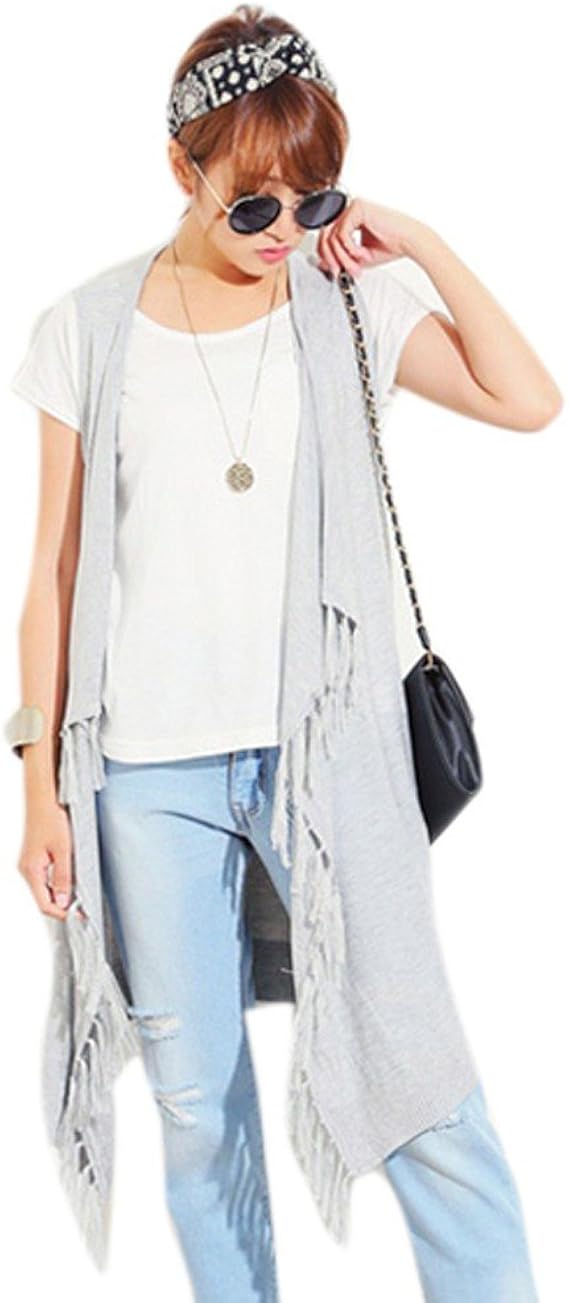 Amazon ケーシティ K City サマーニット ベスト カーディガン ロングカーデ ジレ トップス レディース 長袖 ノースリーブ フリンジ付き 白 ホワイト M グレー カーディガン ボレロ 通販