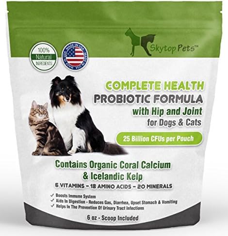 Complete Health Probiotic for Dogs and Cats With Hip &amp; Joint Formula by Skytop Pets. Reduces Gas and Diarrhea. Improves Digestion and Overall Health. 100% Money Back Guarantee.