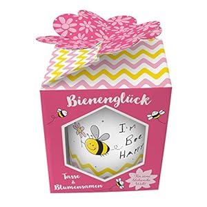 Sheepworld Geschenkewelt 46555 XL Porzellan Spruch Bee Happy, mit Wildblumen-Samen, in farbiger Geschenk-Box Tasse, Rosa