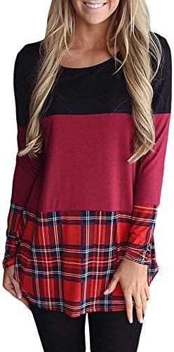 Qingre Women's Back Lace Color Block Tops Long Sleeve T-Shirts Blouses With Plaid Hem Tunic Rose Red XL