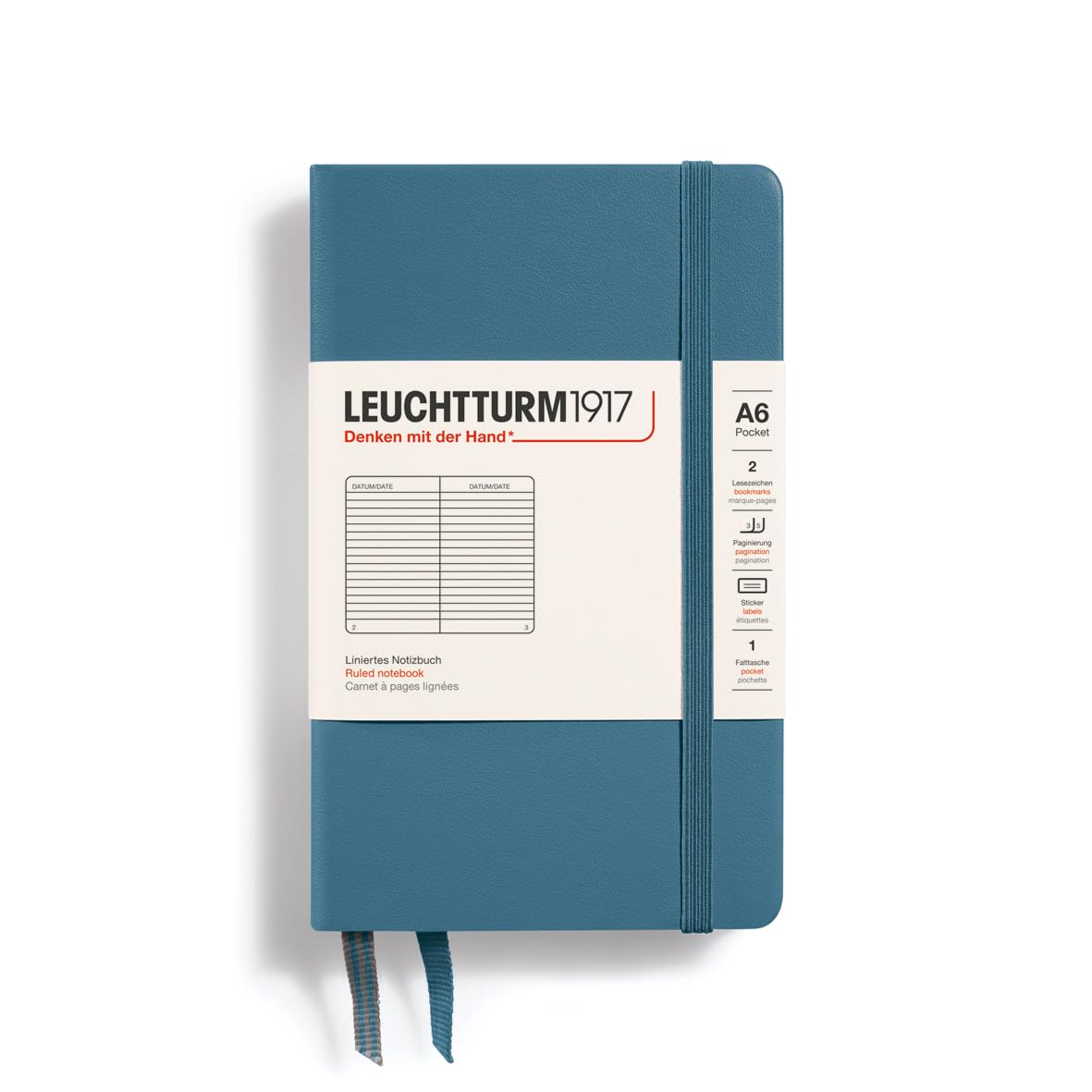 LEUCHTTURM1917 365631 Notebook Pocket (A6), Hardcover, 187 Numbered Pages, Stone Blue, Ruled